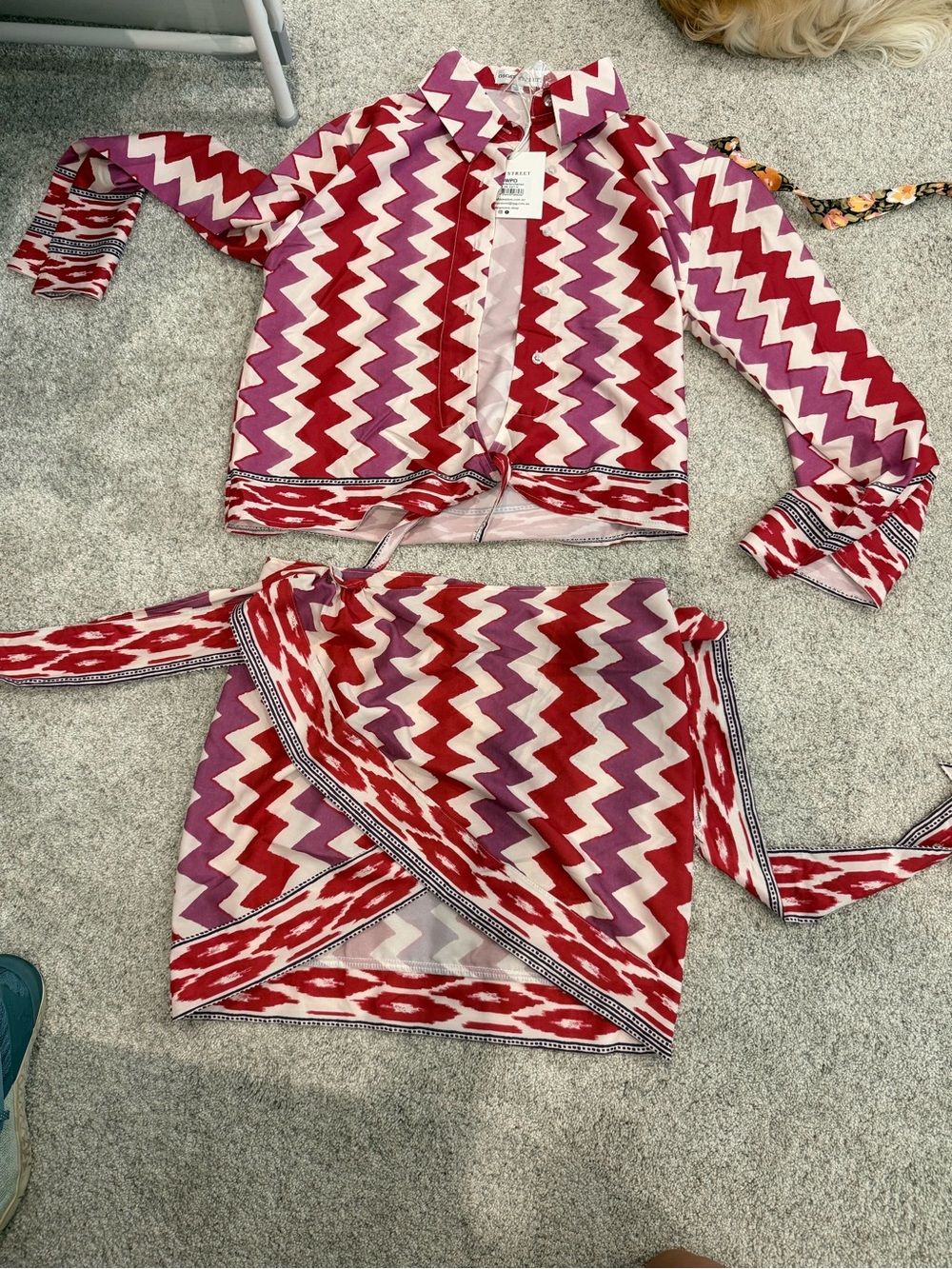 Showpo Chevron Button-Down Top & Wrap Skirt - Red & Pink